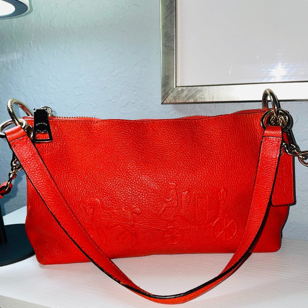 COACH Red Pebbled Leather Charley Crossbody Travel Bag - Picture 7 of 10